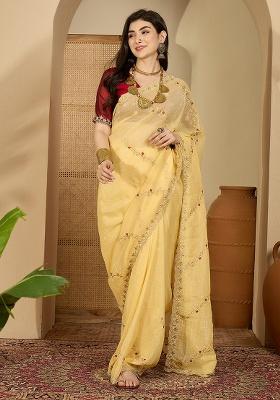 Yellow Embroidery Chiffon Saree Set