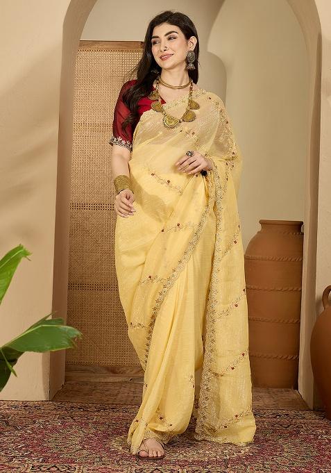 Yellow Embroidery Chiffon Saree Set