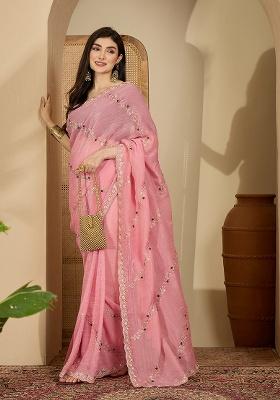 Pink Embroidery Chiffon Saree Set