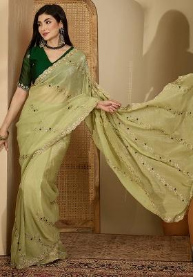 Pista Embroidery Chiffon Saree Set