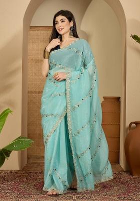 Blue Embroidery Chiffon Saree Set