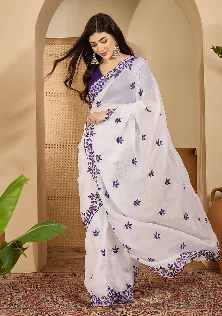 White Chiffon Saree Set with Embroidery for Diwali | Wedding & Festive Wear - Indya