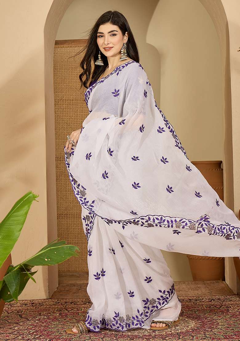White Chiffon Saree Set with Embroidery for Diwali | Wedding & Festive Wear - Indya