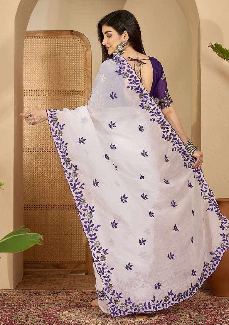 White Chiffon Saree Set with Embroidery for Diwali | Wedding & Festive Wear - Indya