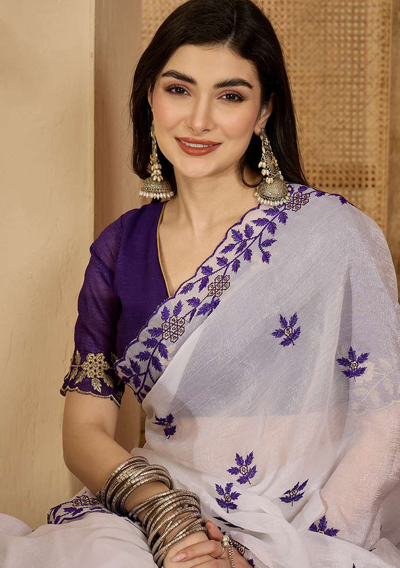 White Chiffon Saree Set with Embroidery for Diwali | Wedding & Festive Wear - Indya