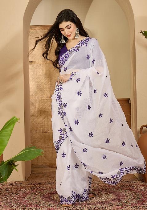 White Embroidery Chiffon Saree Set