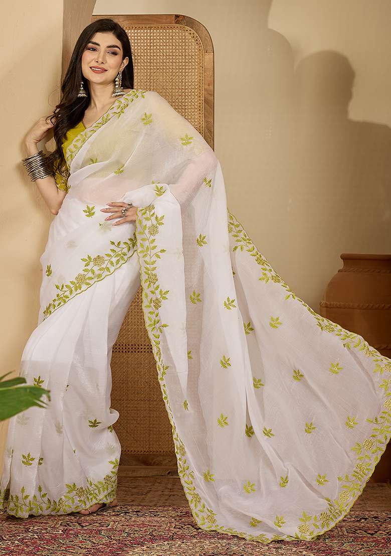 White Chiffon Saree Set with Embroidery for Diwali | Wedding & Festive Wear - Indya