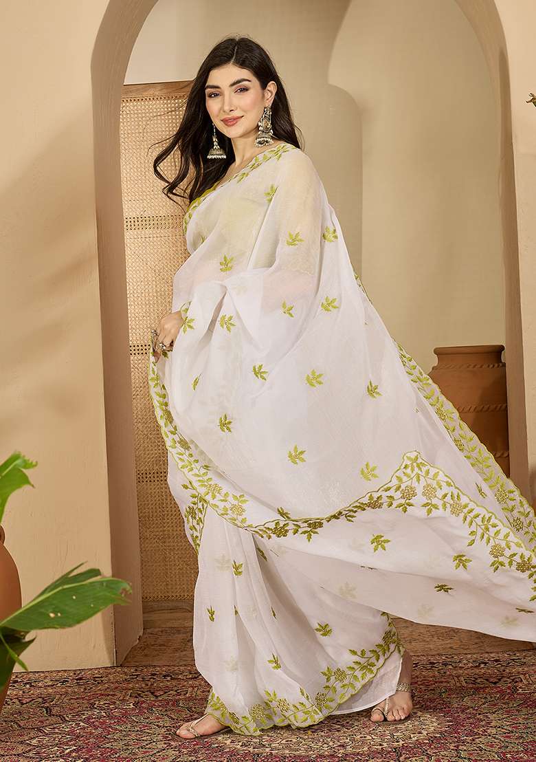 White Chiffon Saree Set with Embroidery for Diwali | Wedding & Festive Wear - Indya