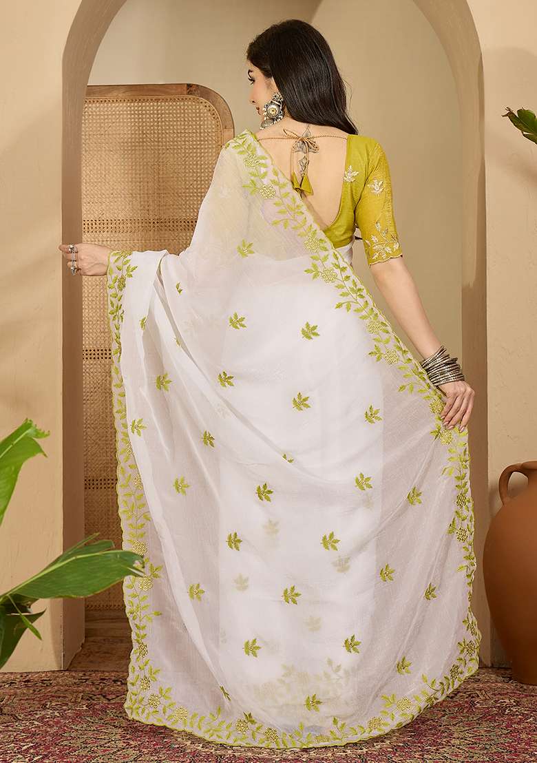 White Chiffon Saree Set with Embroidery for Diwali | Wedding & Festive Wear - Indya