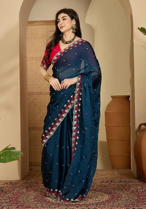 Teal Embroidery Chiffon Saree Set