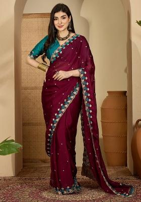 Wine Embroidery Chiffon Saree Set