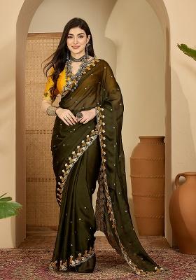 Olive Embroidery Chiffon Saree Set