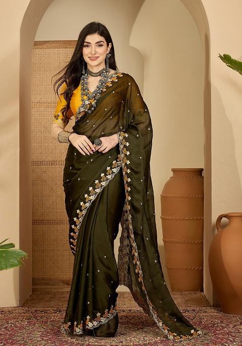 Olive Embroidery Chiffon Saree Set