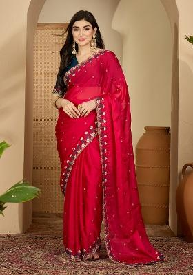 Magenta Embroidery Chiffon Saree Set