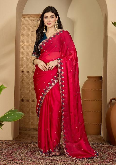 Magenta Embroidery Chiffon Saree Set