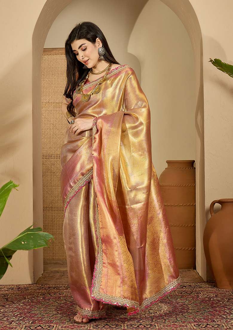 Gold Zari Silk Blend Saree Set - Indya