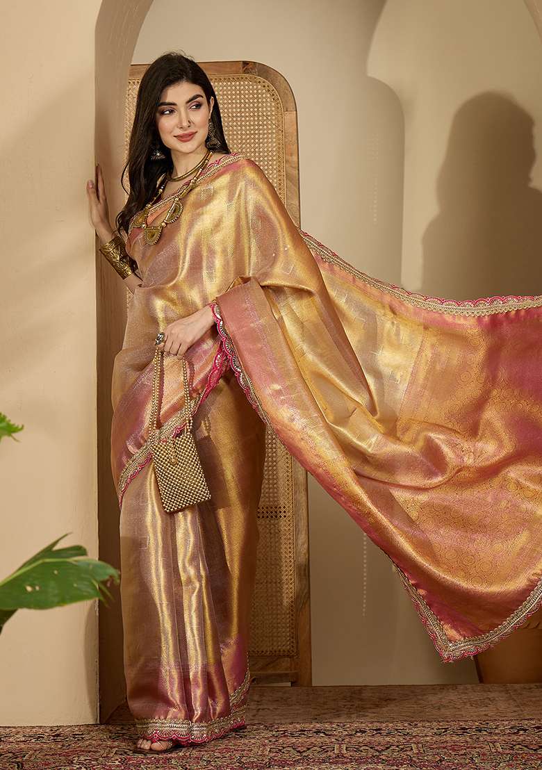 Gold Zari Silk Blend Saree Set - Indya