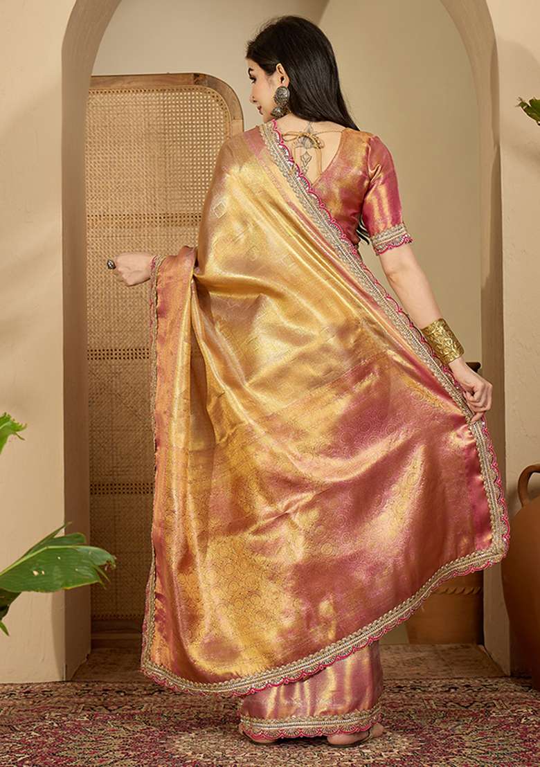 Gold Zari Silk Blend Saree Set - Indya