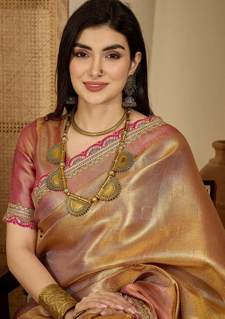 Gold Zari Silk Blend Saree Set - Indya