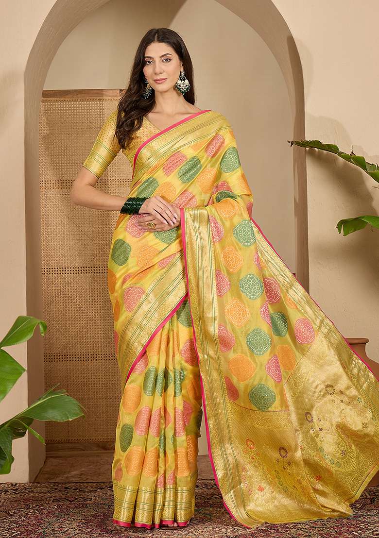 Yellow Zari Woven Organza Saree Set - Indya