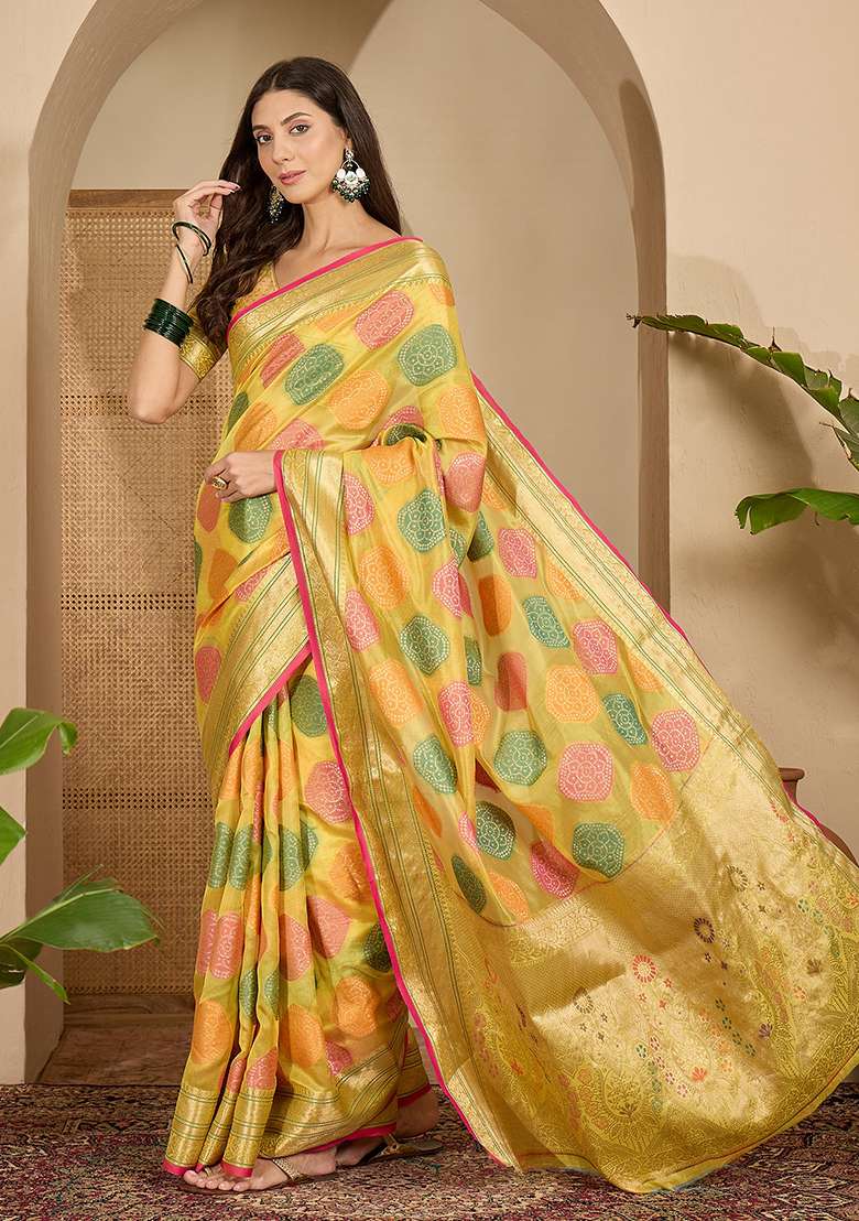 Yellow Zari Woven Organza Saree Set - Indya