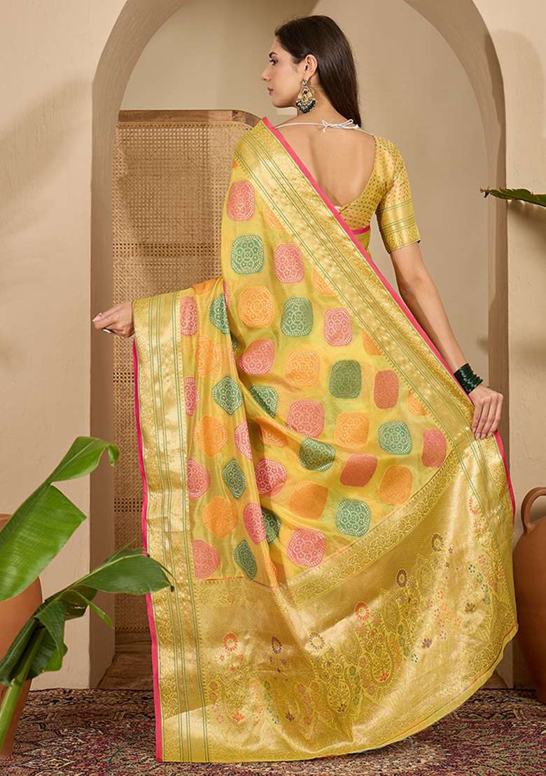 Yellow Zari Woven Organza Saree Set - Indya
