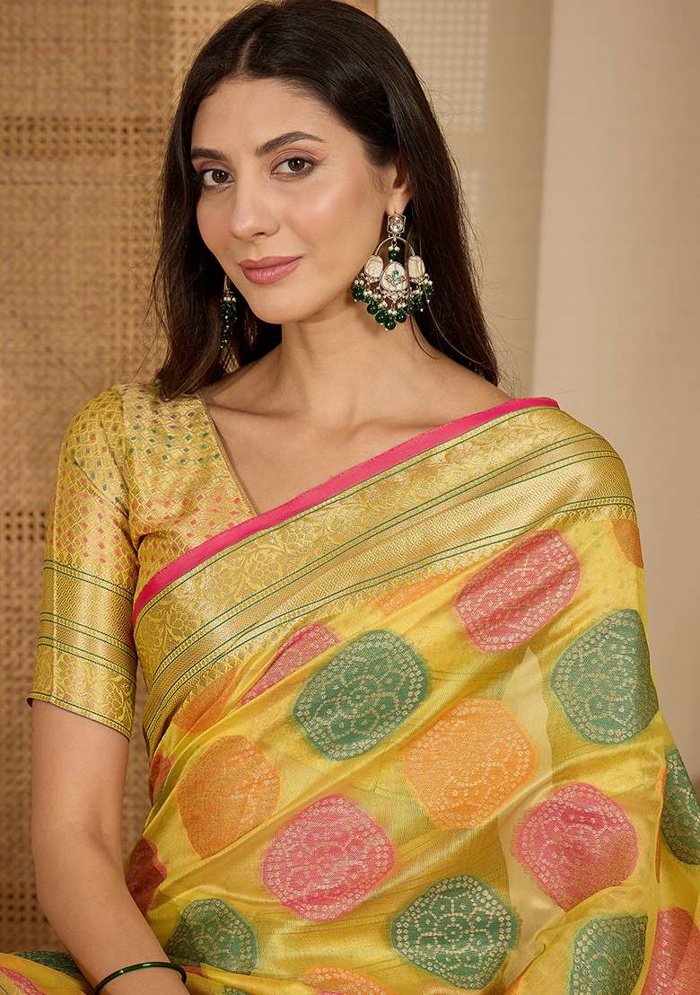 Yellow Zari Woven Organza Saree Set - Indya