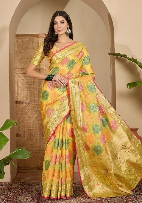 Yellow Zari Woven Organza Saree Set