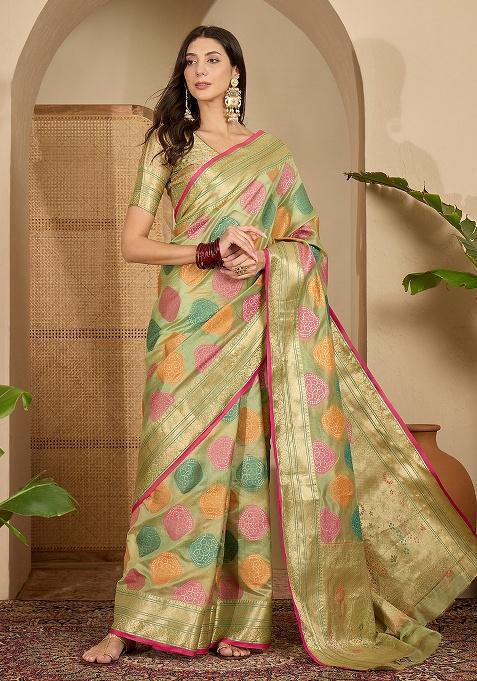 Pista Zari Woven Organza Saree Set