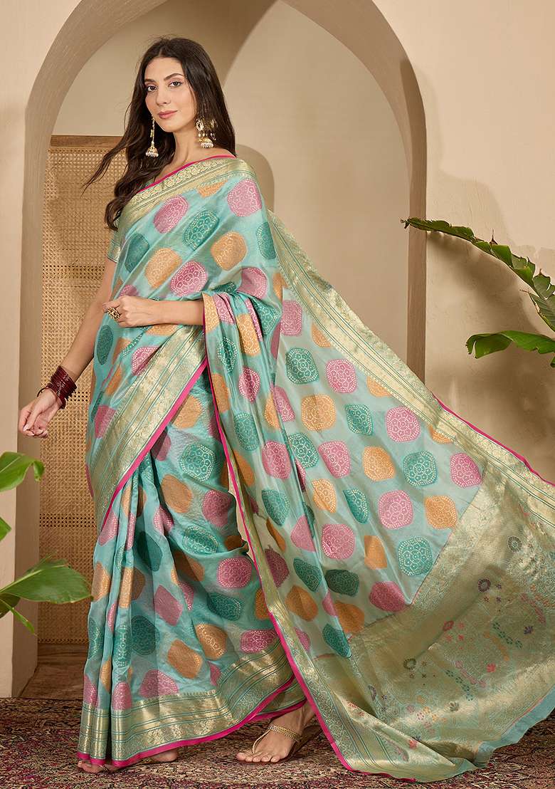 Blue Zari Woven Organza Saree Set - Indya