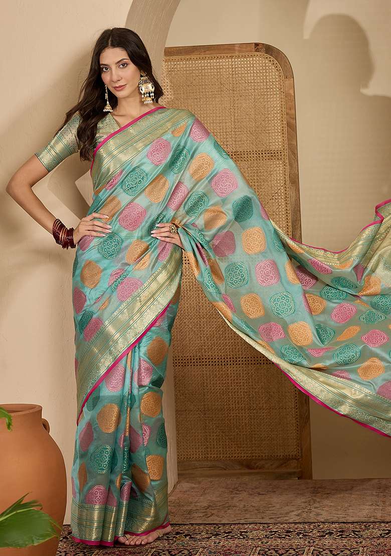 Blue Zari Woven Organza Saree Set - Indya