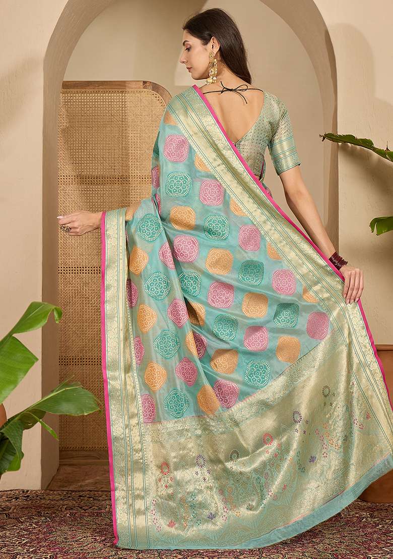 Blue Zari Woven Organza Saree Set - Indya