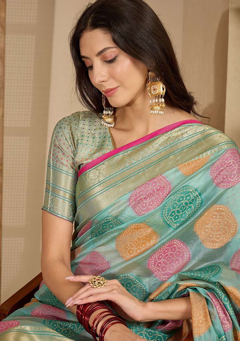 Blue Zari Woven Organza Saree Set - Indya