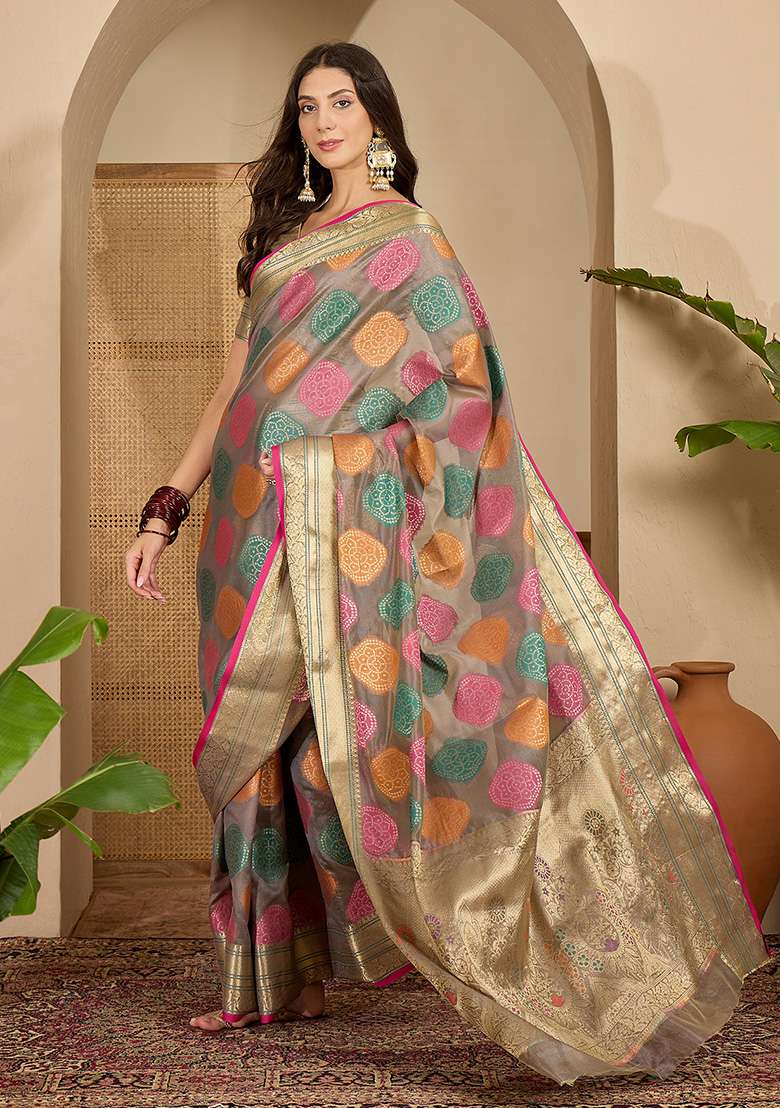 Grey Zari Woven Organza Saree Set - Indya