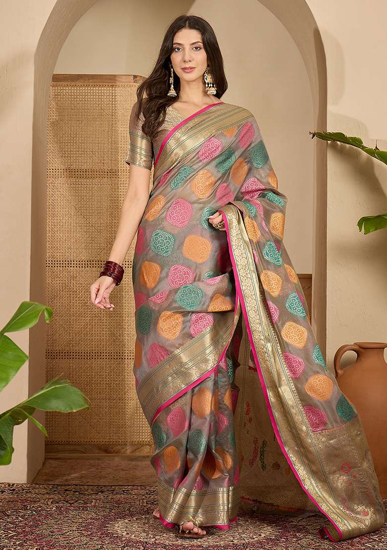 Grey Zari Woven Organza Saree Set - Indya