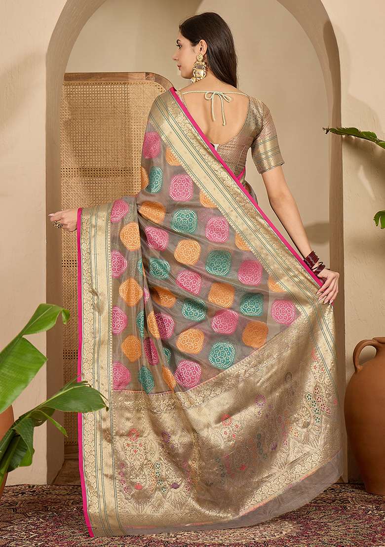 Grey Zari Woven Organza Saree Set - Indya