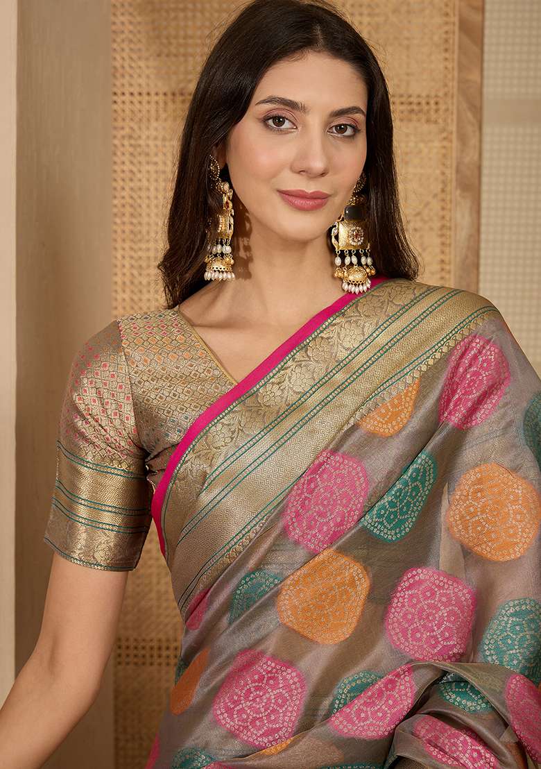 Grey Zari Woven Organza Saree Set - Indya
