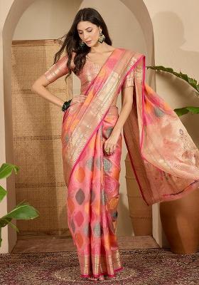 Peach Zari Woven Organza Saree Set