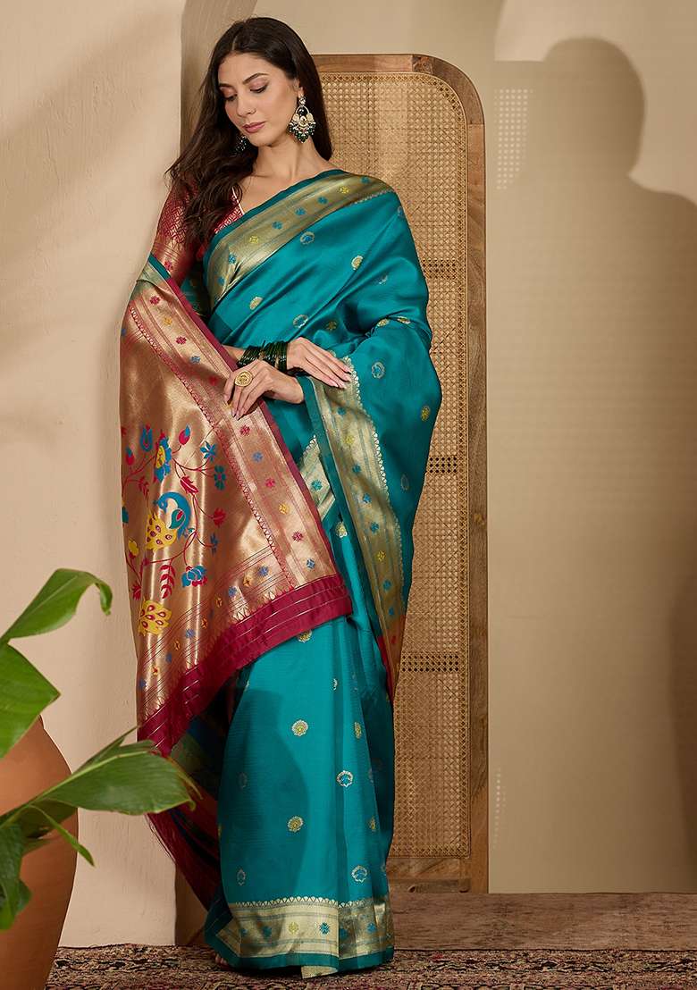 Rama Zari Woven Silk Blend Saree Set for Diwali | Wedding & Festive Wear - Indya