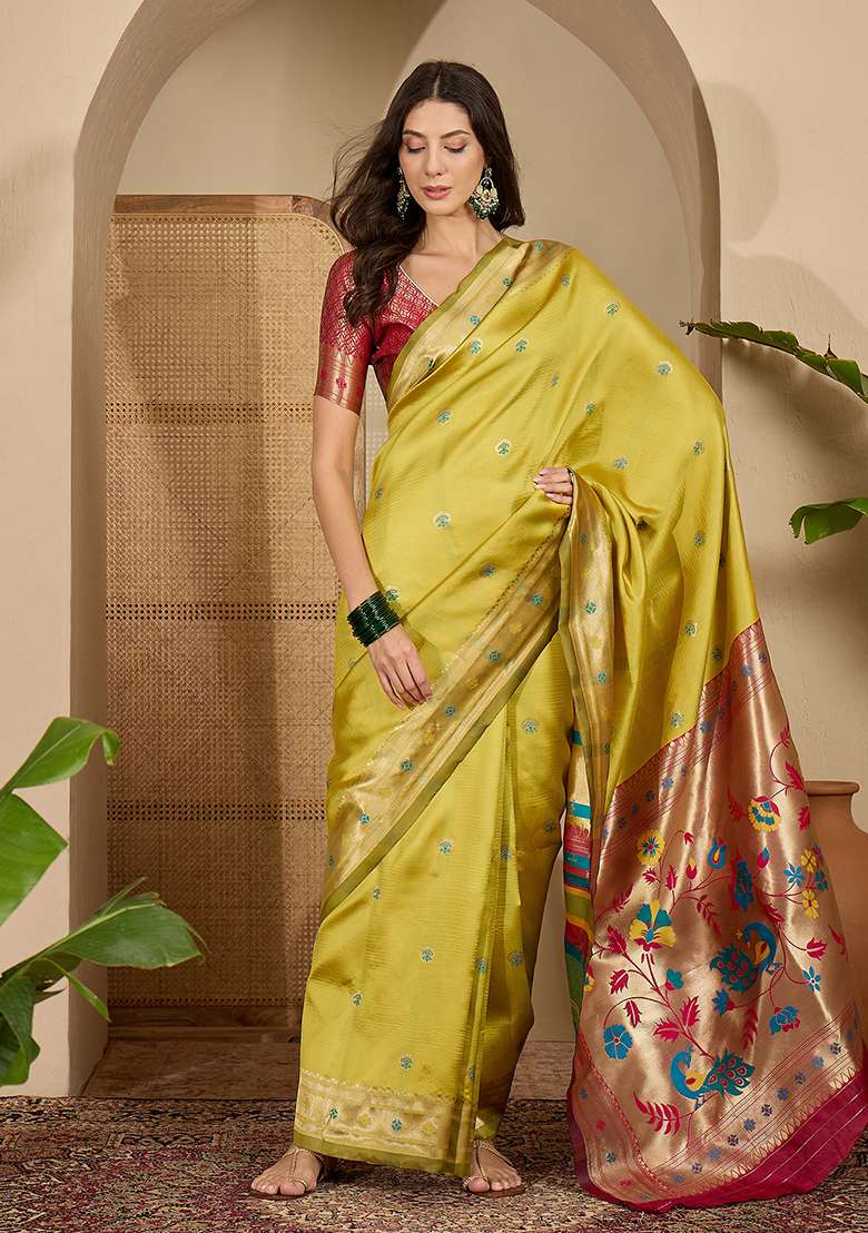 Yellow Zari Woven Silk Blend Saree Set for Diwali and Festive Wear - Indya