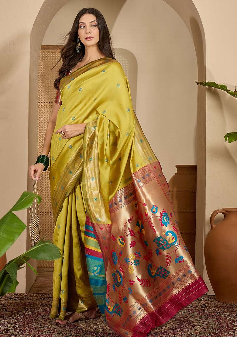 Yellow Zari Woven Silk Blend Saree Set for Diwali and Festive Wear - Indya