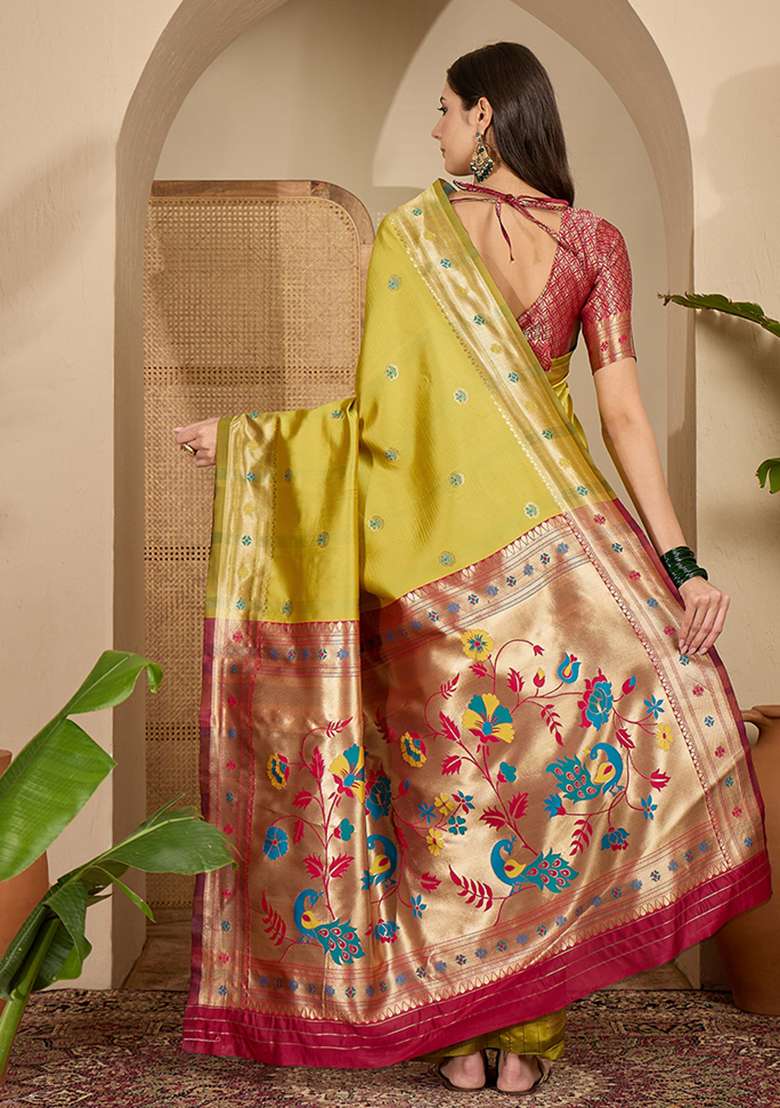 Yellow Zari Woven Silk Blend Saree Set for Diwali and Festive Wear - Indya
