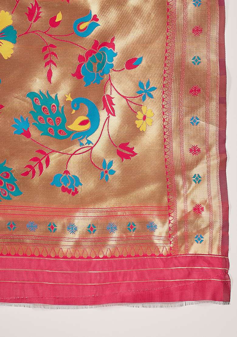 Yellow Zari Woven Silk Blend Saree Set for Diwali and Festive Wear - Indya