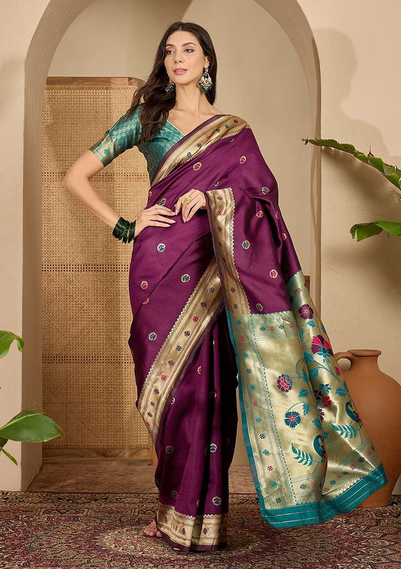 Purple Zari Woven Silk Blend Saree Set for Diwali | Wedding & Festive Wear - Indya