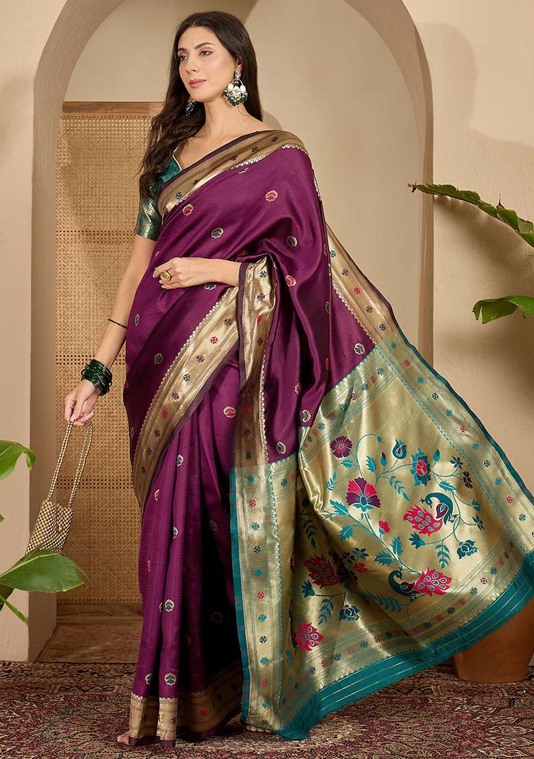 Purple Zari Woven Silk Blend Saree Set for Diwali | Wedding & Festive Wear - Indya