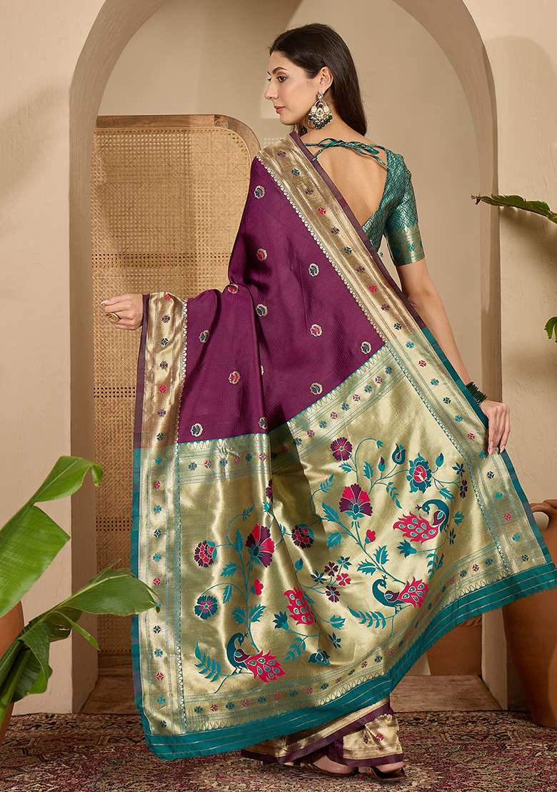 Purple Zari Woven Silk Blend Saree Set for Diwali | Wedding & Festive Wear - Indya