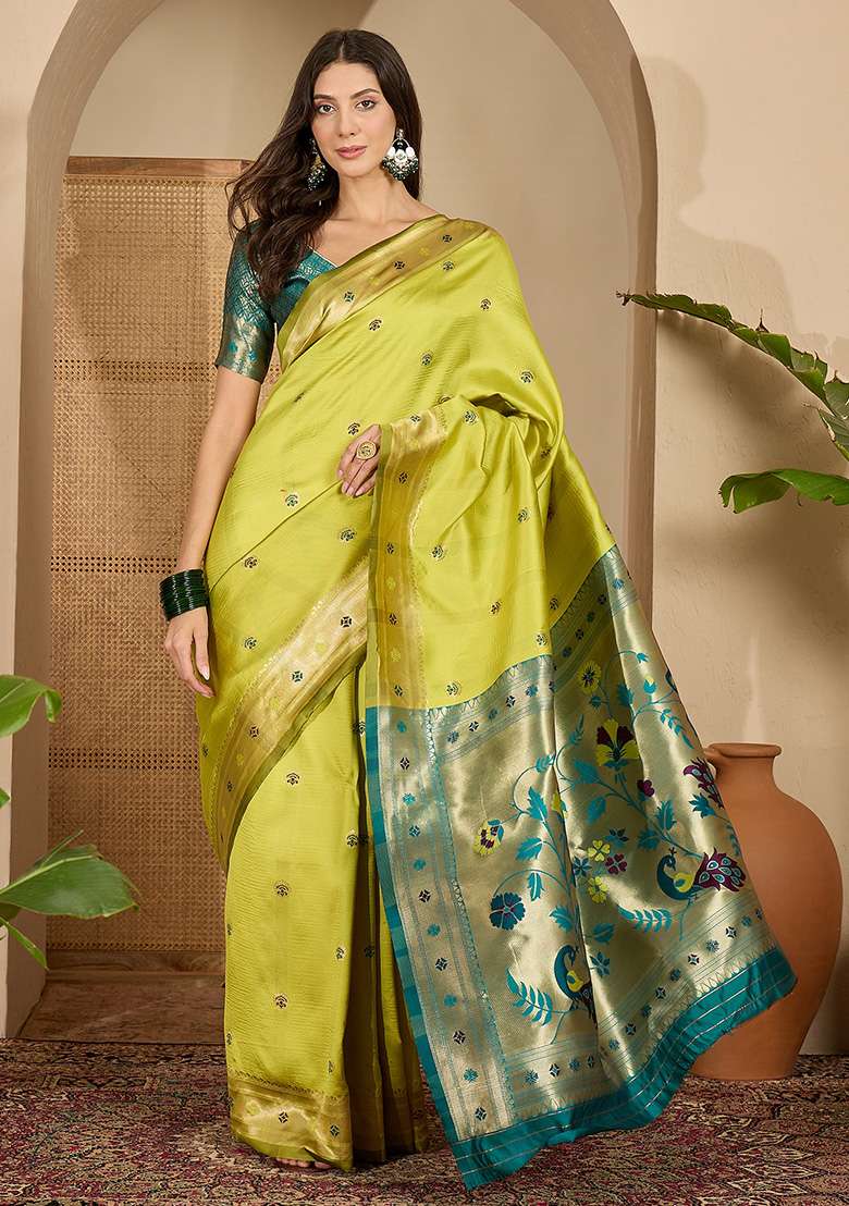 Neon Zari Woven Silk Blend Saree Set for Diwali | Wedding & Festive Wear - Indya