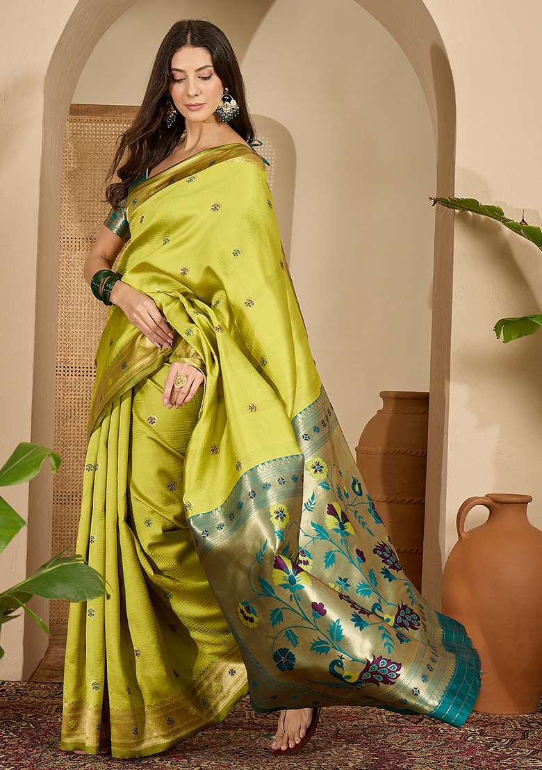 Neon Zari Woven Silk Blend Saree Set for Diwali | Wedding & Festive Wear - Indya