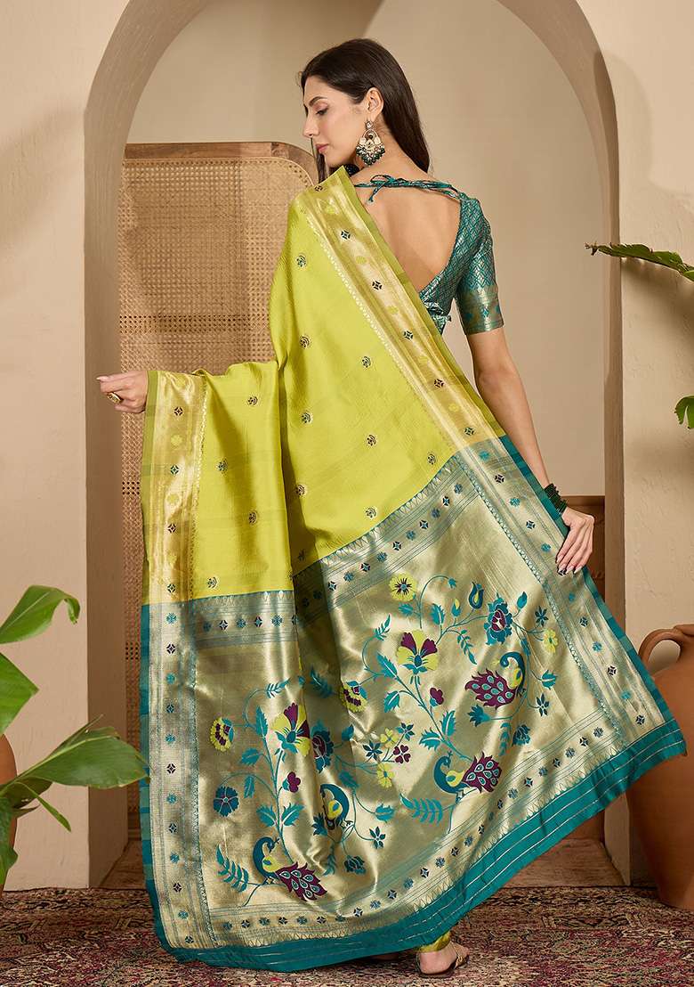 Neon Zari Woven Silk Blend Saree Set for Diwali | Wedding & Festive Wear - Indya