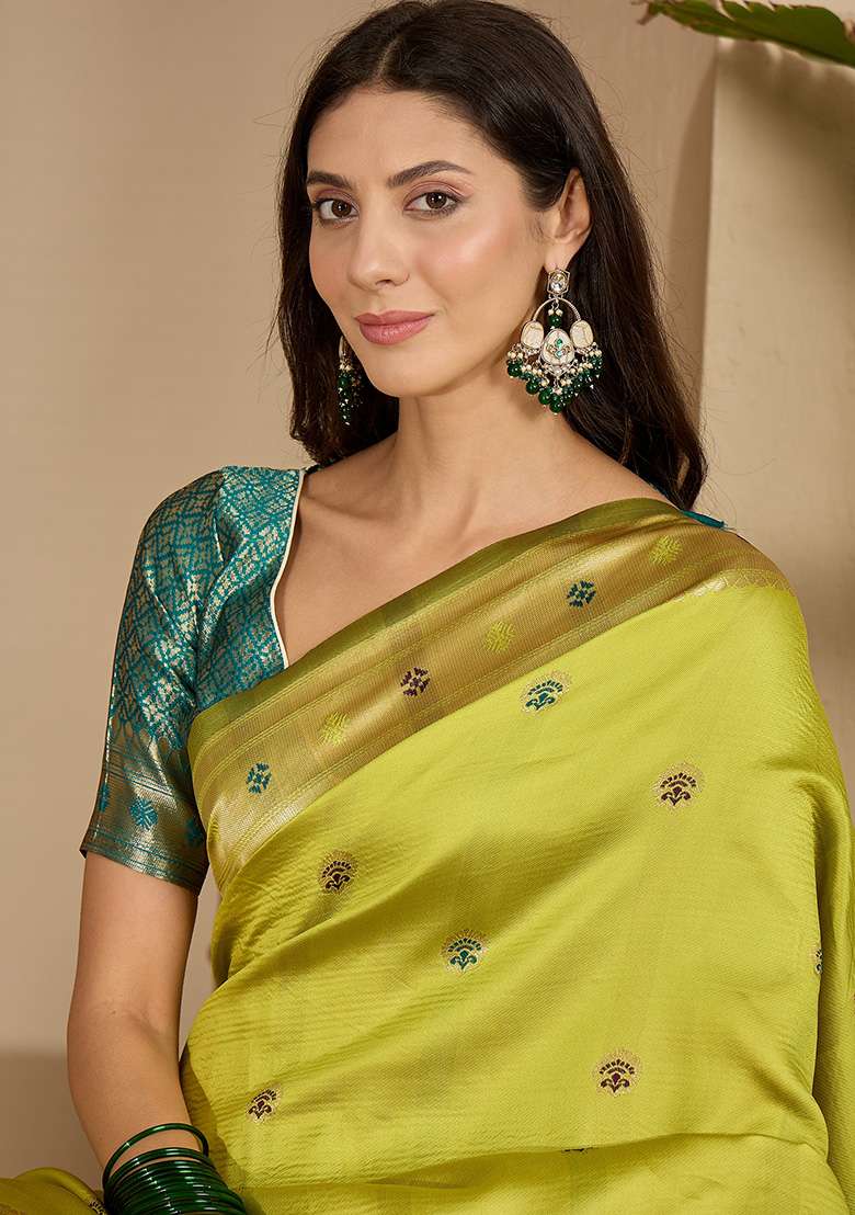 Neon Zari Woven Silk Blend Saree Set for Diwali | Wedding & Festive Wear - Indya